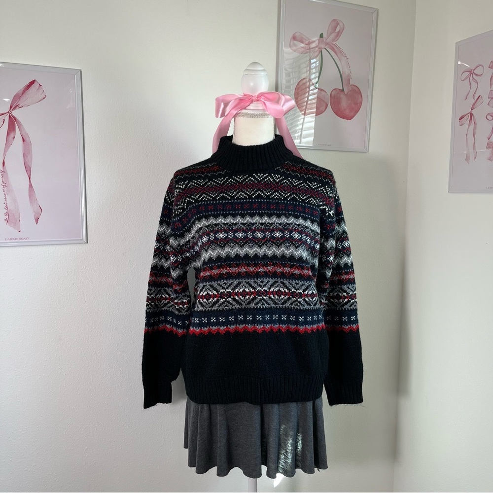 Vintage 90s Fair Isle Black Mock Neck Knit Sweater Acrylic Womens Size Small - Picture 1 of 6